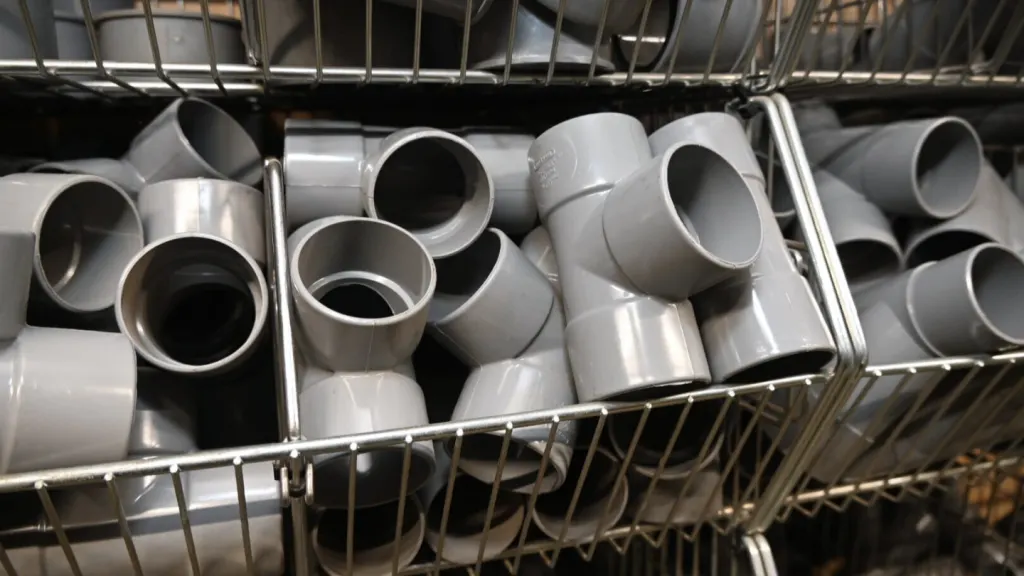 Grijze pvc-bochten en T-stukken in een draadmand